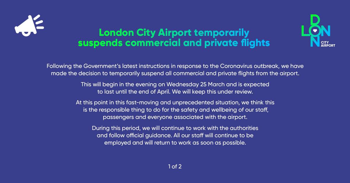倫敦城市機場(London City Airport)25日宣布，4月底前暫停所有航班起降。(圖:取自機場官方臉書)