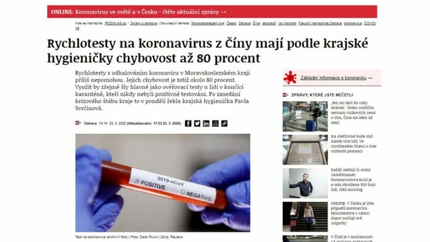 捷克共和國新聞網站（https://www.irozhlas.cz）揭露，中國3月份賣給捷克共和國的一批武漢肺炎快篩盒，錯誤率高達80%。圖取自https://www.irozhlas.cz