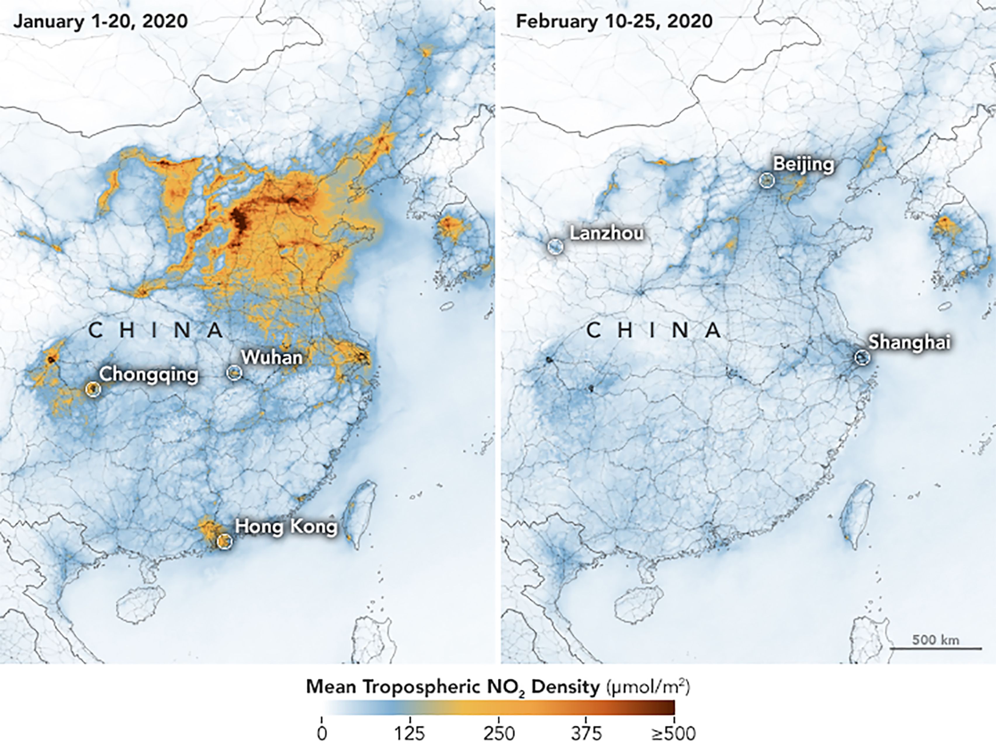 美國航空總署(NASA)拍攝的影像顯示，位居疫情中心的中國武漢，2月間的二氧化氮(NO2)濃度急劇下降，指標從紅/橙降到藍色。(圖:NASA)