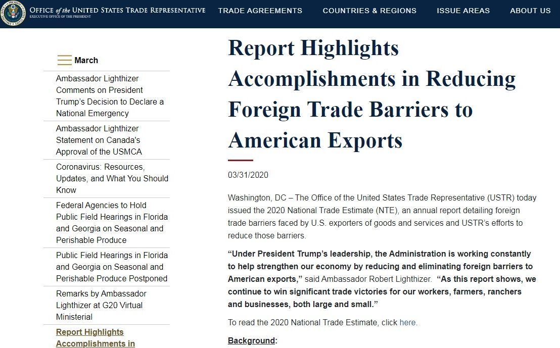 美國貿易代表署(USTR)31日公布年度貿易障礙報告。