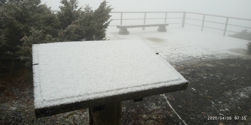 受東北季風及華南雲雨區影響，玉山6日早上7時10分起降下4月雪，到9時許停止約積雪1公分。（氣象局提供）