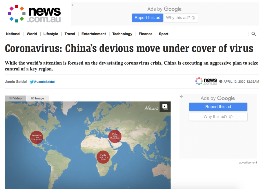澳媒：疫情掩護下，中國強勢挺進南海（截取自澳洲新聞網）
