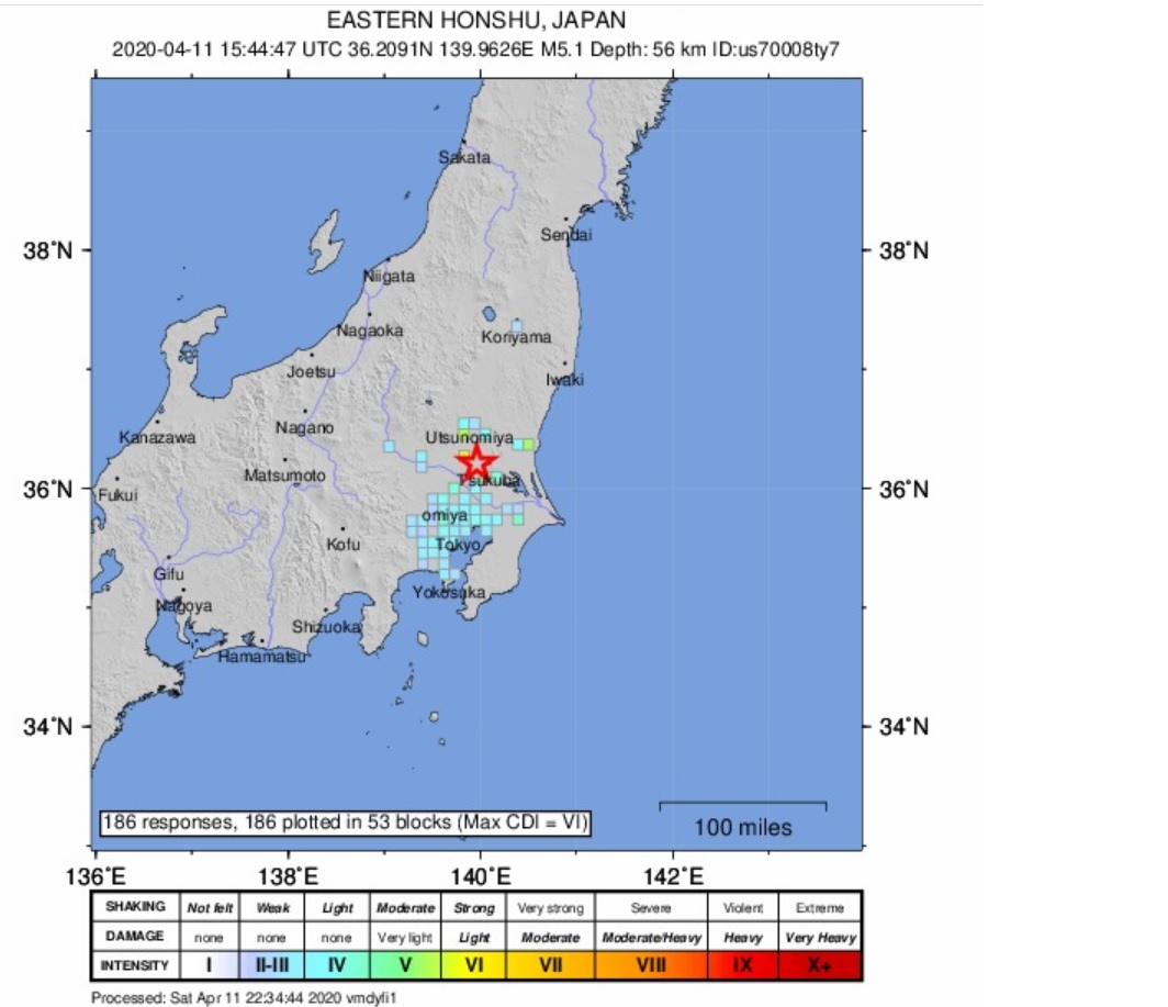 日本時間12日凌晨44分關東地區觀測到規模5.1地震。(圖截自USGS)