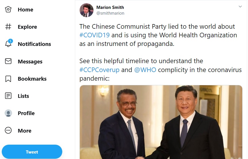 美國「共產主義受害者紀念基金會」執行長史密斯(Marion Smith)13日推文指出，中共在俗稱武漢肺炎的(COVID-19)疫情上對全世界撒謊，並把世界衛生組織當成自己文宣工具。（圖：推特）