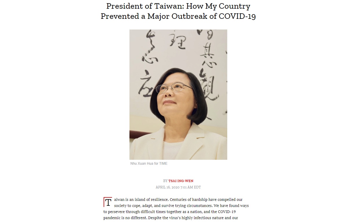 蔡英文總統於TIME雜誌撰寫專文，說明台灣防疫經驗。(TIME雜誌網頁)