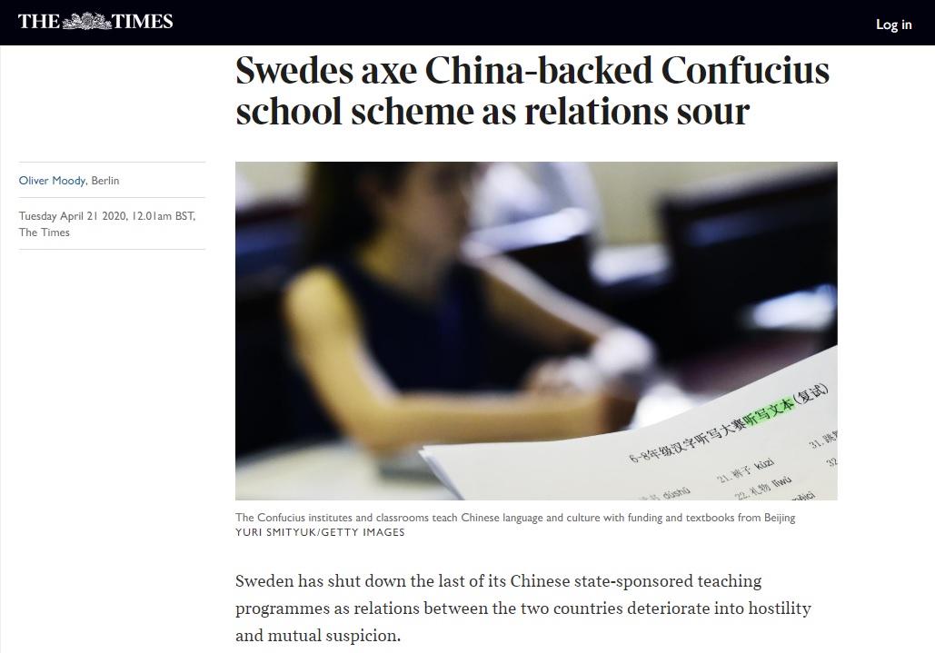與中國關係惡化，瑞典關閉所有孔子學院和課堂。 (圖:翻拍自泰晤士報)