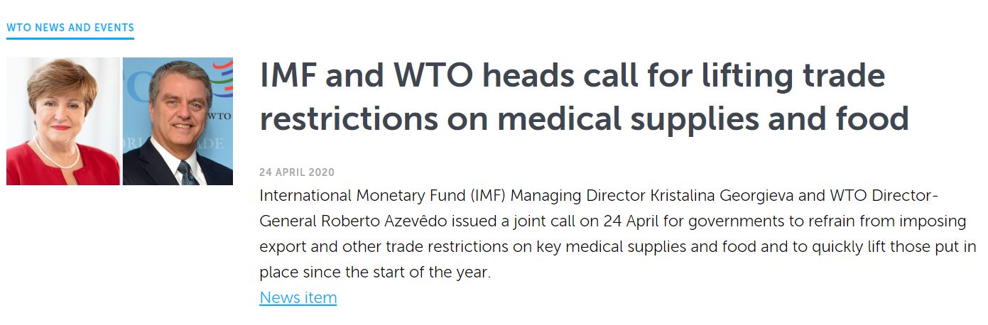 國際貨幣基金(IMF)和世界貿易組織(WTO)今天(24日)發布聯合聲明警告說，在全世界忙著應對冠狀病毒疫情之際，各國政府使用出口限制的情況與日俱增，可能造成危險的反效果。(圖截自WTO官網)