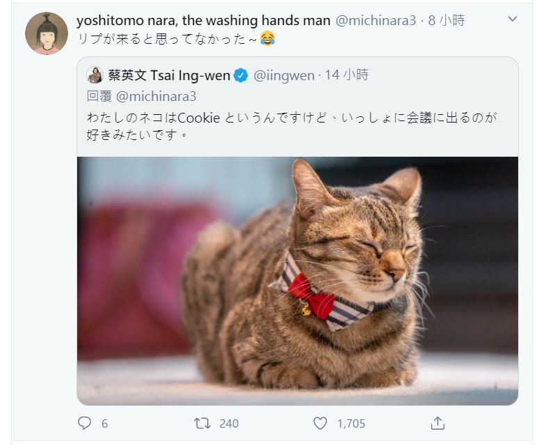 日本當代藝術家奈良美智在推特上感謝總統蔡英文和台灣捐贈口罩，並表示很喜歡蔡總統的愛貓「蔡想想」。(圖取自推特)