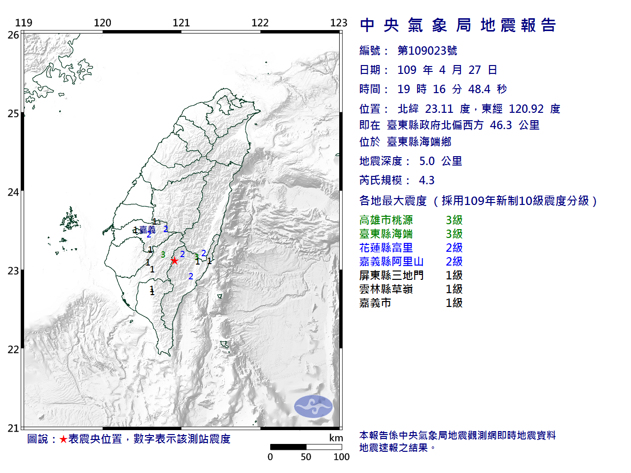 27日晚間7時16分發生芮氏規模4.3地震。(圖：中央氣象局)