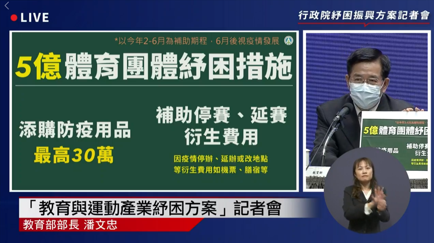 教育部長潘文忠表示，希望透過紓困職棒，避免疫情衝擊球員待遇。(圖擷自行政院臉書直播)