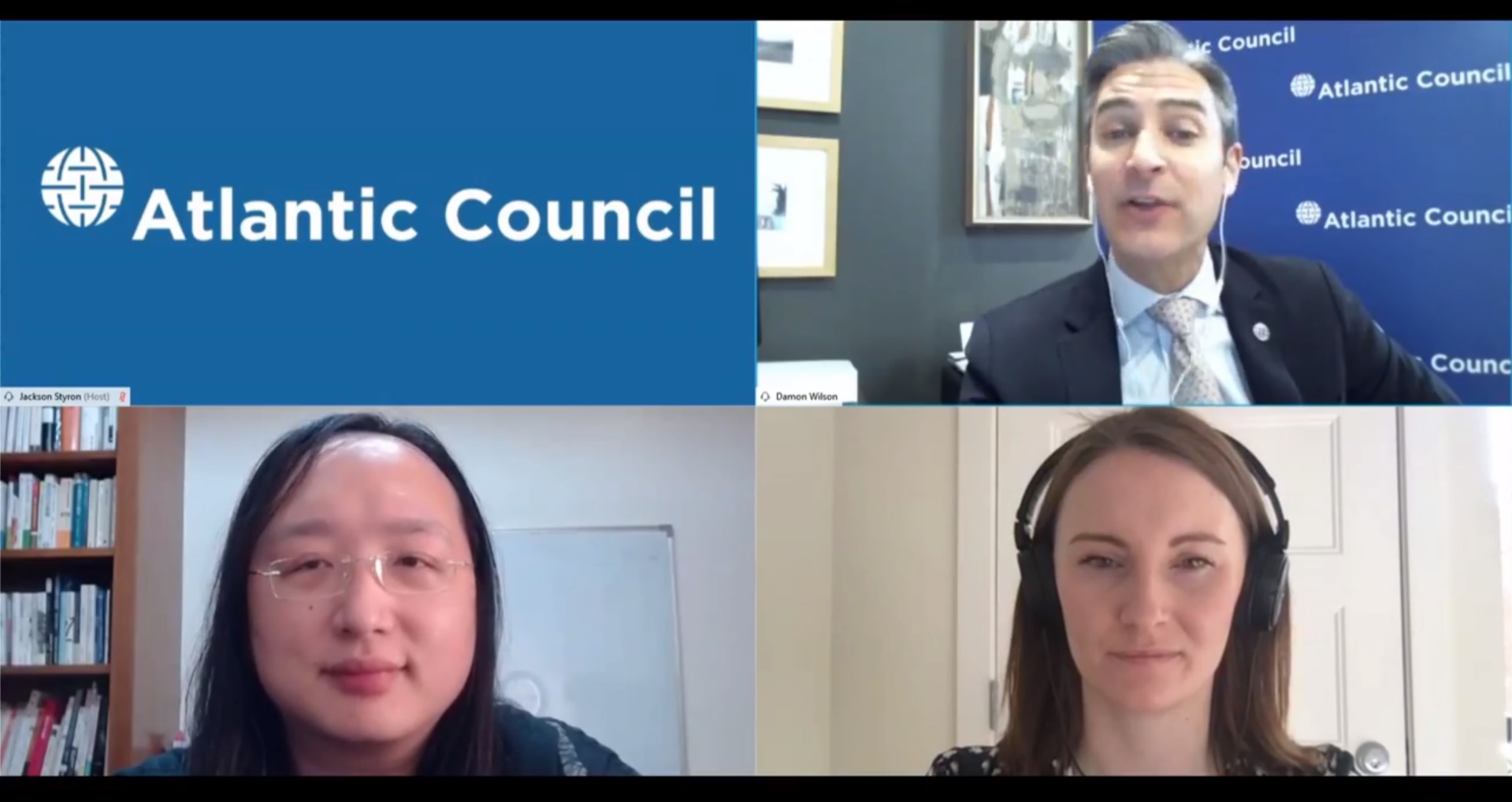 政務委員唐鳳29日出席華府智庫「大西洋理事會」(Atlantic Council)視訊座談。 (圖:翻拍自臉書直播視訊會議)