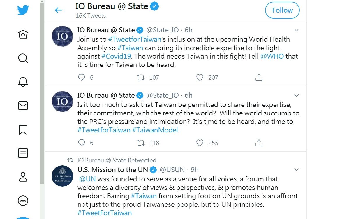 美國國務院國際組織事務局1日在推特發起#TweetForTaiwan(推文挺台灣)運動，呼籲將台灣「推進」世衛大會。(圖:推特)