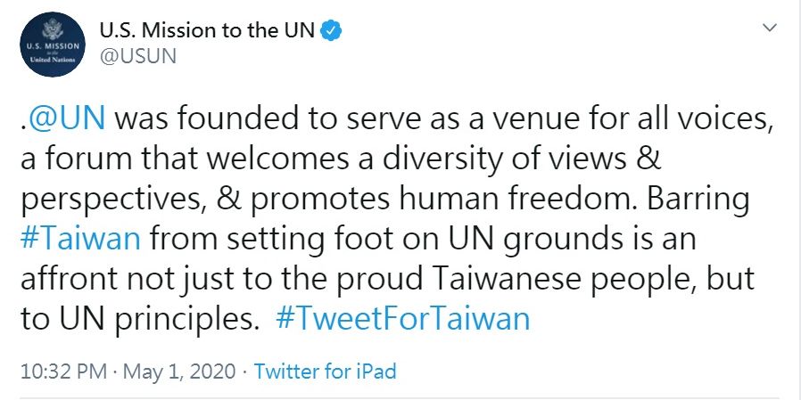 美駐聯代表團酸聯合國，排除台灣有辱自身原則。 (圖:推特)