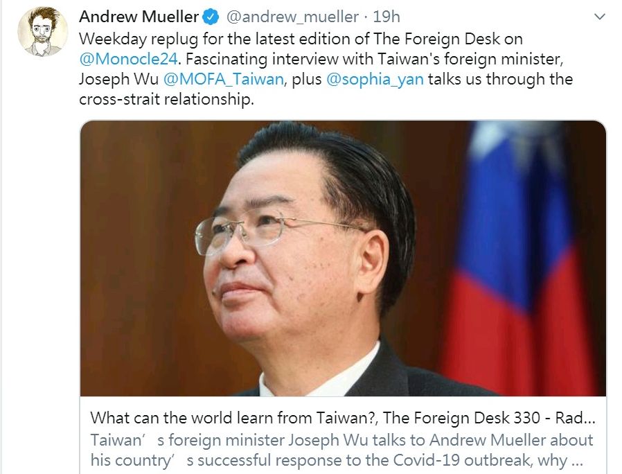 英廣播專訪外交部長吳釗燮，談台灣成功防疫經驗。 (圖:推特)