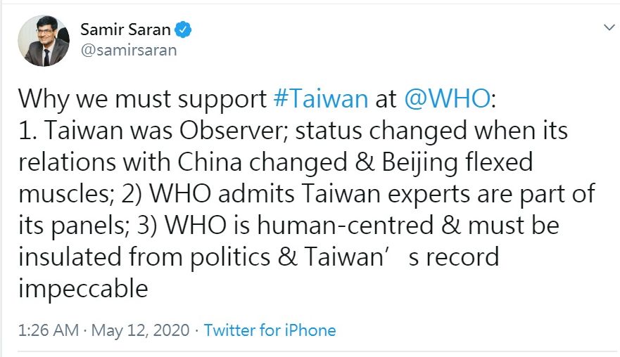 印度觀察研究基金會(ORF)會長薩蘭(Samir Saran)，11日深夜以「為什麼我們必須在世衛組織支持台灣」標題，推文挺台參與世衛組織。(圖:推特)