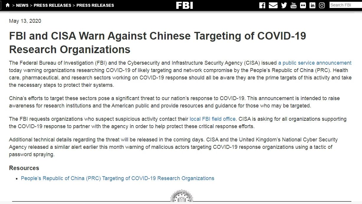 美國聯邦調查局(FBI)13日發布聲明表示，FBI正在調查中國駭客鎖定2019年冠狀病毒疾病研究機構，並危害其網絡一事。(圖:FBI)