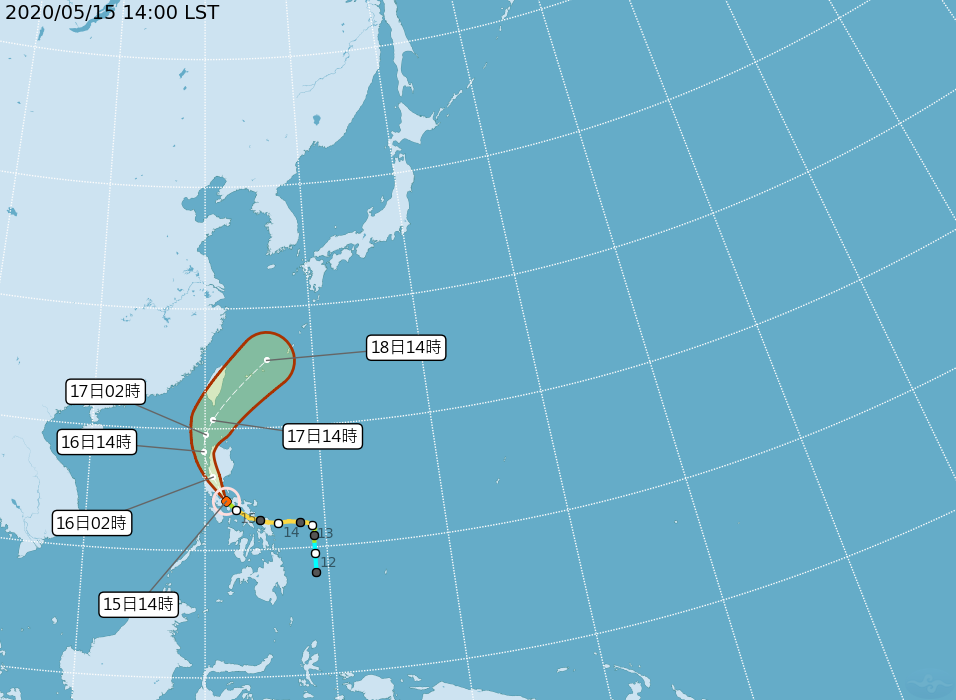 中央氣象局表示，颱風黃蜂已經減弱為輕度颱風，並朝北北西移動，預計16日下午會進入巴士海峽，屆時強度可能維持在輕度颱風下限。(圖/中央氣象局)
