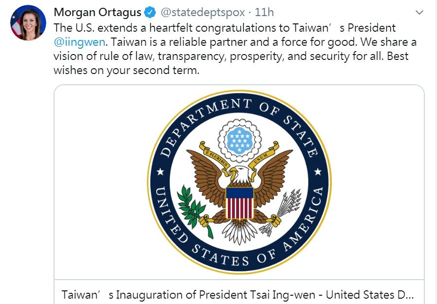 總統蔡英文將連任就職，美國國務院發言人歐塔加斯(Morgan Ortagus)透過推特(Twitter)，提前對蔡總統表示衷心祝賀。(圖:推特)
