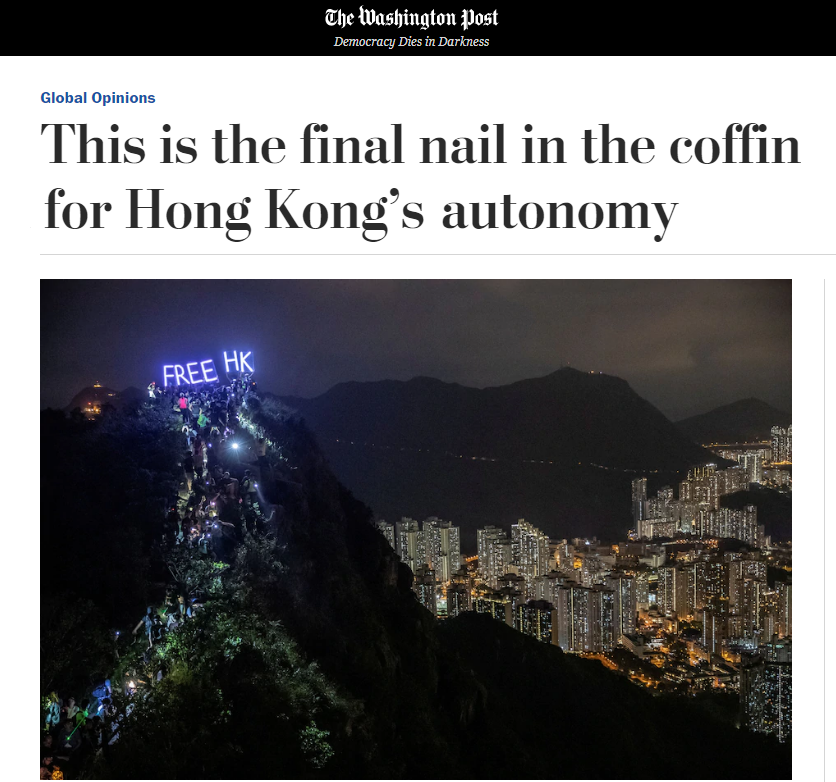 香港眾志秘書長黃之鋒與政治運動人士鄺頌晴投書「華盛頓郵報」，指控北京對香港的自治及公民自由再添致命一擊，一國兩制承諾已破滅。(圖擷自華盛頓郵報)