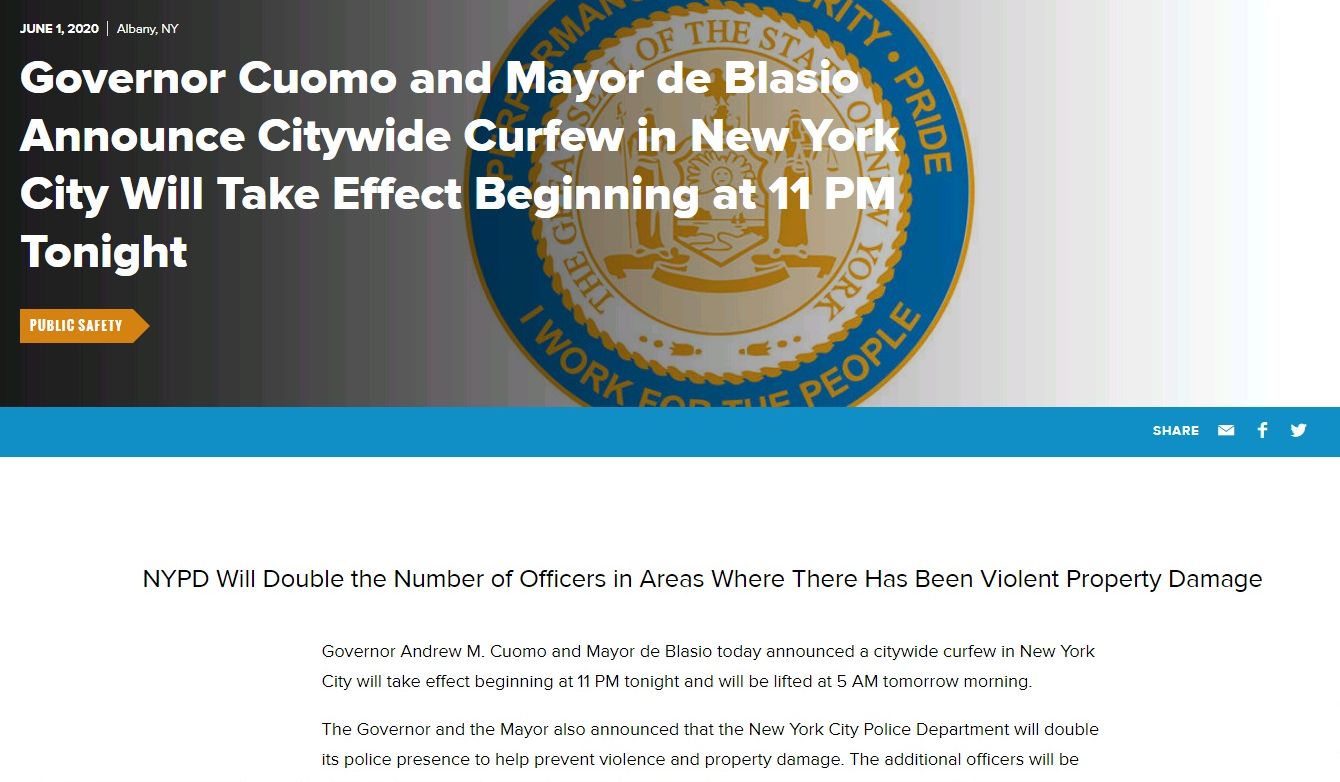 紐約州長古莫(Andrew Cuomo)與市長白思豪(Bill de Blasio)共同宣布，紐約市1日晚間11時起將實施宵禁，直到2日清晨5時為止。 (圖:紐約州政府網站)