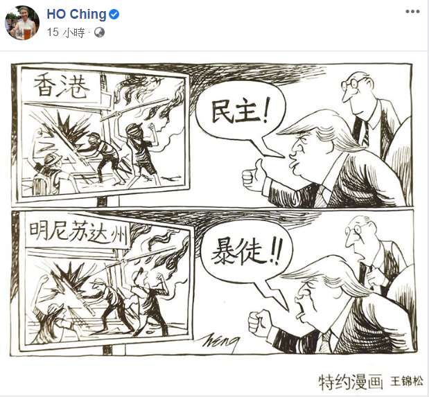 何晶臉書轉貼川普對示威者雙重標準漫畫惹議。 (圖:翻攝自何晶臉書)