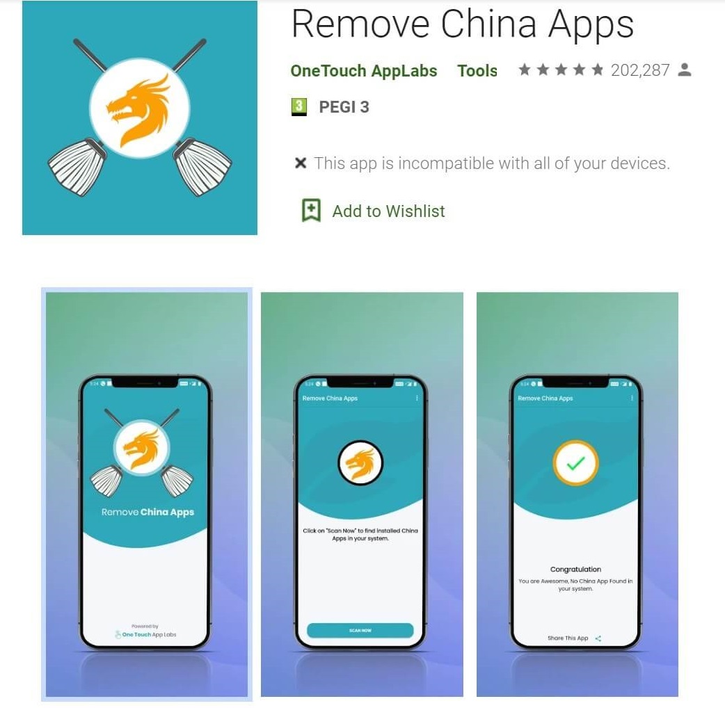 「移除中國Apps」(Remove China Apps)的應用程式遭谷歌應用程式商店下架。(圖取自推特)