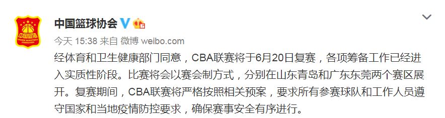 中國男子籃球職業聯賽(CBA)將於這個月20日恢復比賽。(圖擷取自微博)