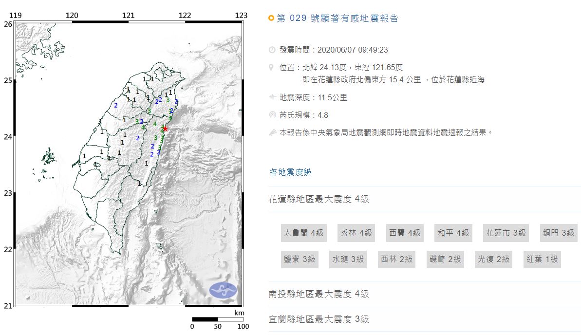 花蓮近海地震規模4.8，花蓮南投最大震度4級 (氣象局)