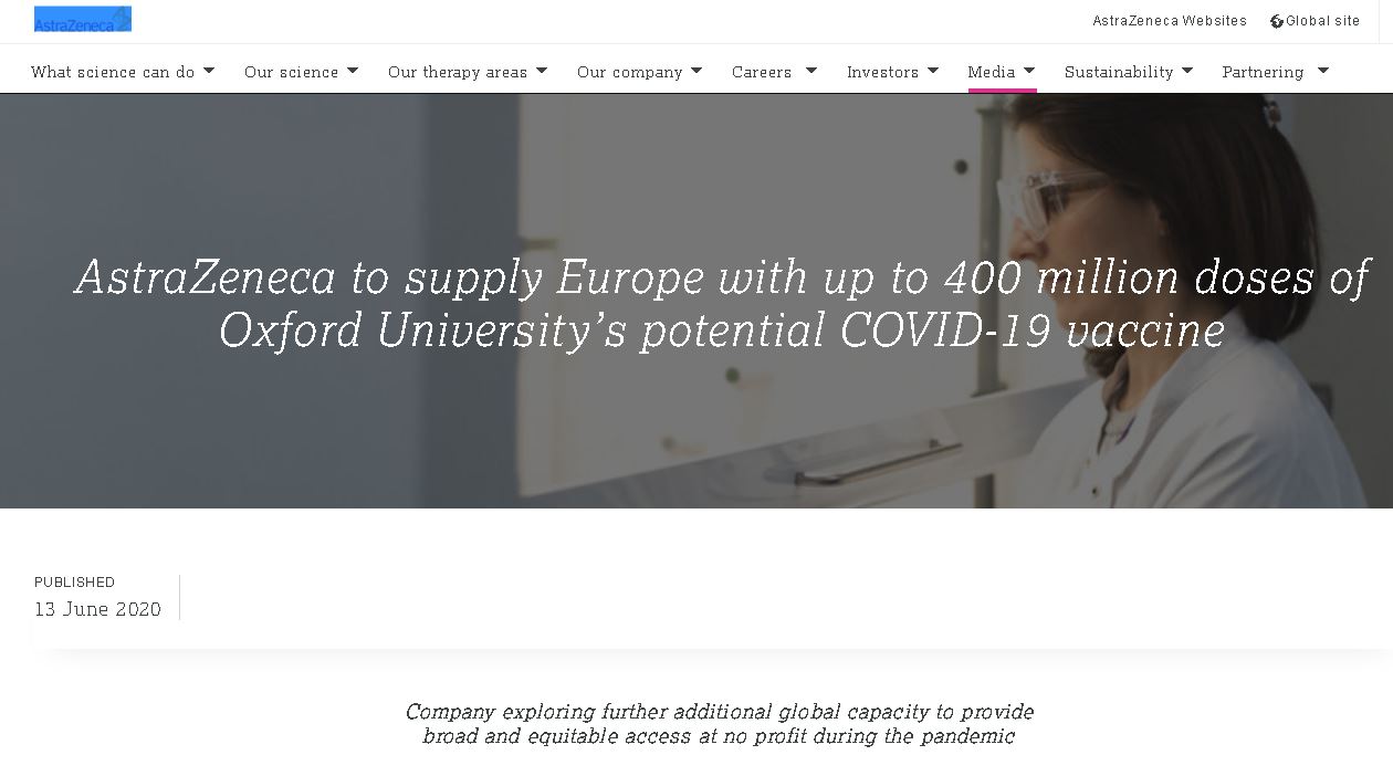英國製藥廠阿斯特捷利康公司(AstraZeneca Plc)目前正在英國、南非及巴西進行測試。(圖取自藥商官網)