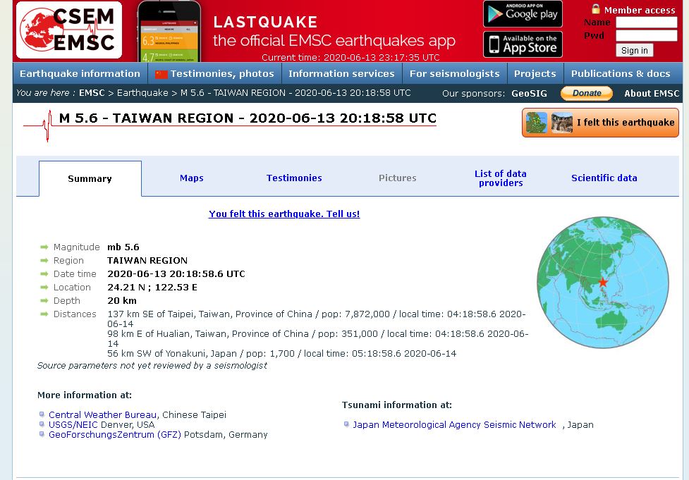 歐洲地中海地震中心下修台灣地震規模至5.6。圖取自歐洲地中海地震中心(EMSC)