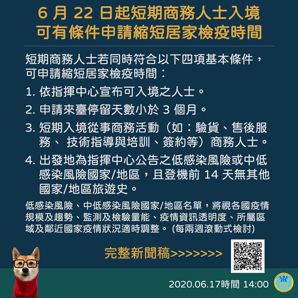 6月22日起短期商務人士入境 可有條件申請縮短居家檢疫時間。(衛福部提供)
