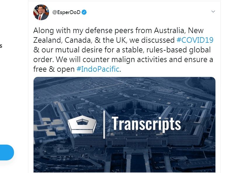 美國國防部長艾斯培(Mark Esper)也在官方推特上表示，和五眼聯盟同僚討論COVID-19，期望維持穩定、法治的全球秩序。 (圖:推特)
