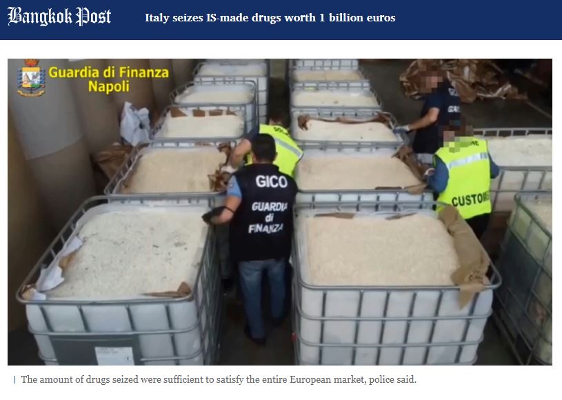 義大利警方查獲了由敘利亞的伊斯蘭國組織(Islamic State)製造的14噸毒品安非他命，打破世界紀錄。(圖擷取自Bangkok Post)