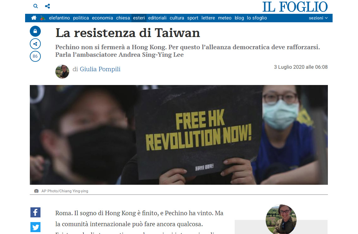 義國菁英報「頁報」3日在頭版刊登中華民國駐義代表李新穎專訪，呼籲民主國家應聯手制裁北京。(翻攝自Il Foglio官網)