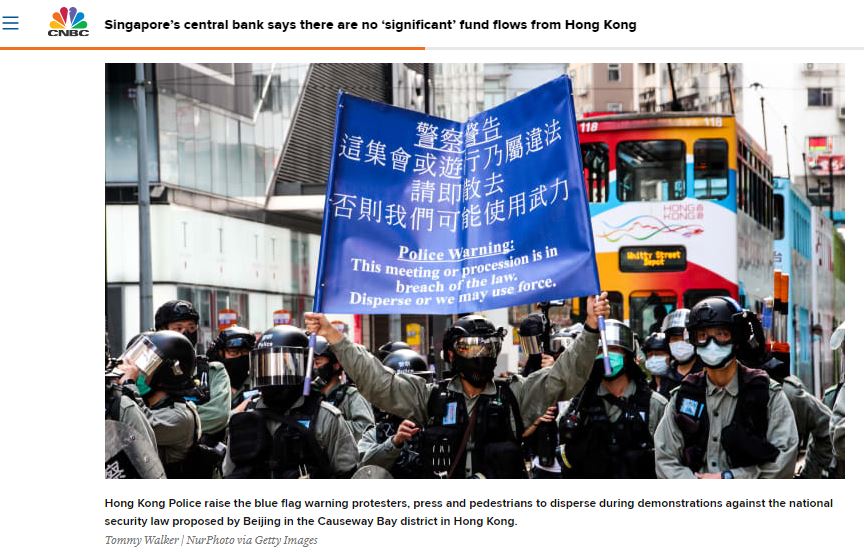 中國在香港強推實施「港區國安法」，外界擔憂恐影響香港作為亞洲企業及金融樞紐的地位。不過，新加坡央行16日表示，未有「大量」資金及企業活動由香港轉至新加坡。(圖擷取自CNBC)