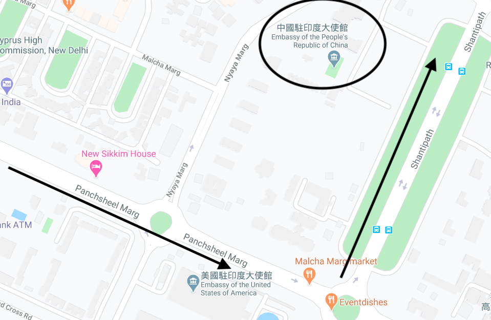 中國駐印度大使館位置圖。圖取自Google地圖