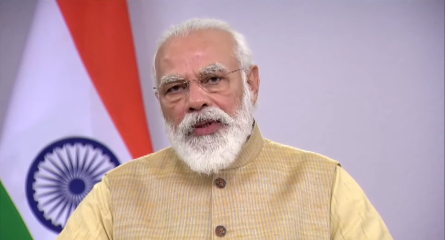 美國-印度商業協會(U.S.-India Business Council)為慶祝成立45週年，22日晚上透過視訊舉辦印度思想峰會(India Ideas Summit)。圖為總理莫迪通過視訊會議在印度思想峰會上致辭。(圖擷取自YouTube)