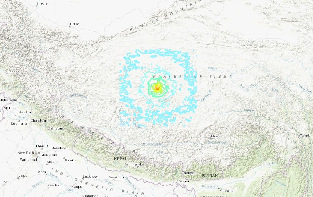 西藏西部發生淺層地震，規模6.2。 (圖:USGS)