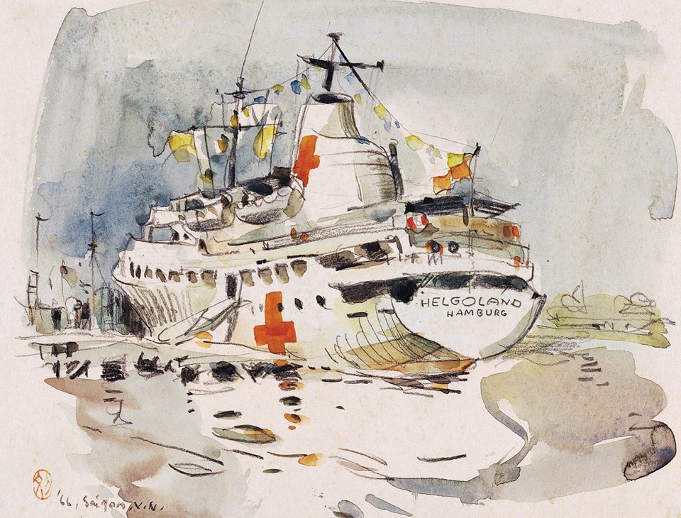 劉其偉1967年的作品「停泊在湄公河上的醫務船（越戰）」，呈現藝術家如何混亂局勢中尋求平靜。(北美館提供)