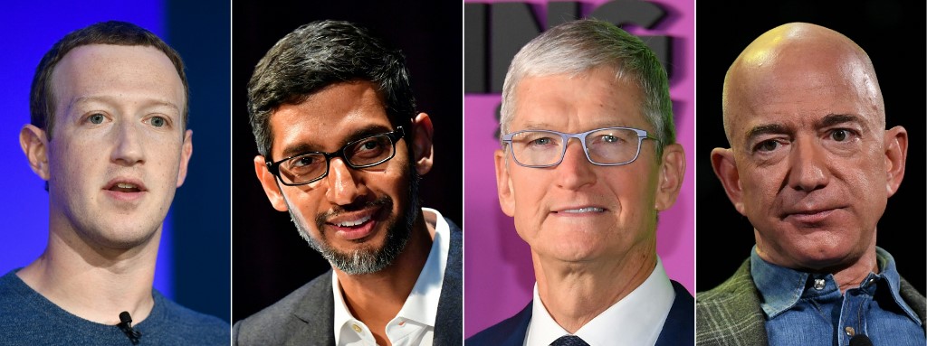 臉書執行長祖克柏(Mark Zuckerberg)、谷歌及其母公司Alphabet執行長皮查伊(Sundar Pichai)、蘋果執行長庫克(Tim Cook)和亞馬遜創辦人貝佐斯(Jeff Bezos)。 (AFP合成圖)