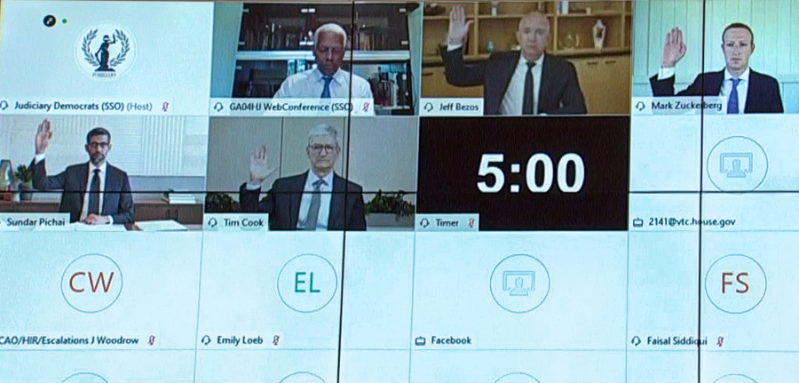蘋果公司執行長庫克(Tim Cook)、谷歌執行長皮查伊(Sundar Pichai)、亞馬遜執行長貝佐斯(Jeff Bezos)與臉書執行長祖克柏(Mark Zuckerberg)，29日以視訊方式參與反壟斷聽證會。(RT/達志影像)