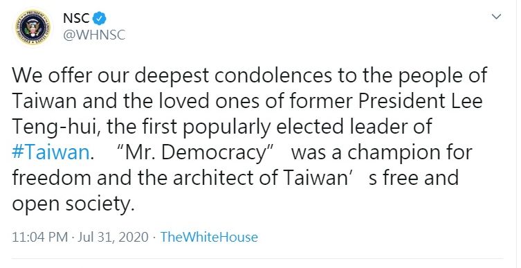 前總統李登輝辭世，美國白宮國安會7月31日透過官方推特致哀。 (圖:推特)