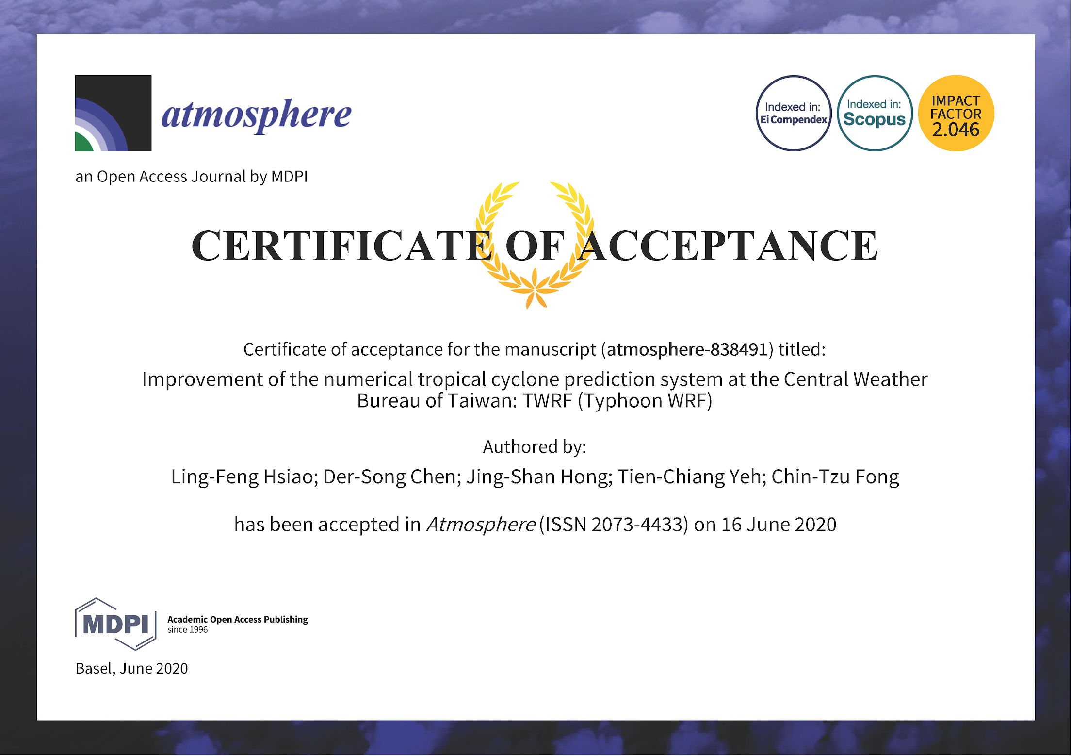 美國首度授證台灣，肯定中央氣象局的颱風路徑電腦預報模式十分傑出，而這也是美國首度對外發出這樣的證明。(氣象局提供)