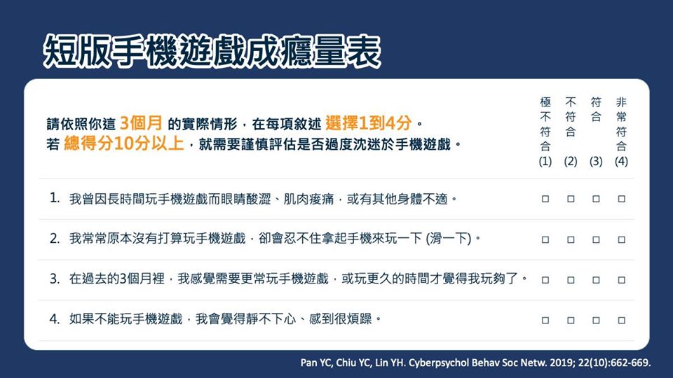 為了協助國人理解自己的「手機遊戲成癮」情況，國家衛生研究院今天(17日)發表全球第一套的評估量表，這量表包含「過度沉迷，產生負面影響」、「耐受性」以及「戒斷症狀」等3大面向，只需要回答4題，就能有等同專業醫師的初步評估。(國衛院提供)