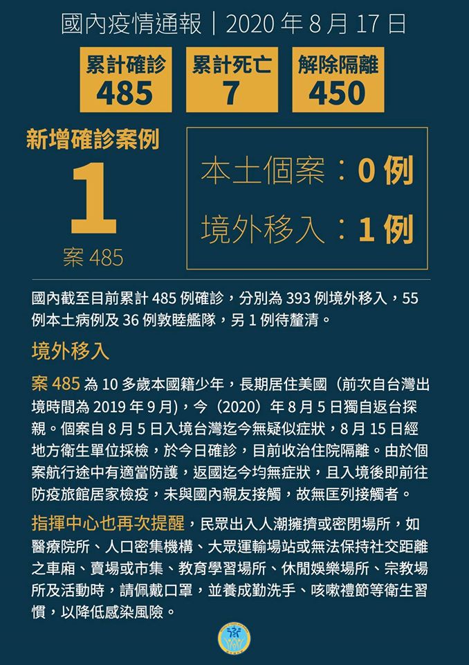 一名少年自美返台探親，居家檢疫期間確診。(衛福部臉書)