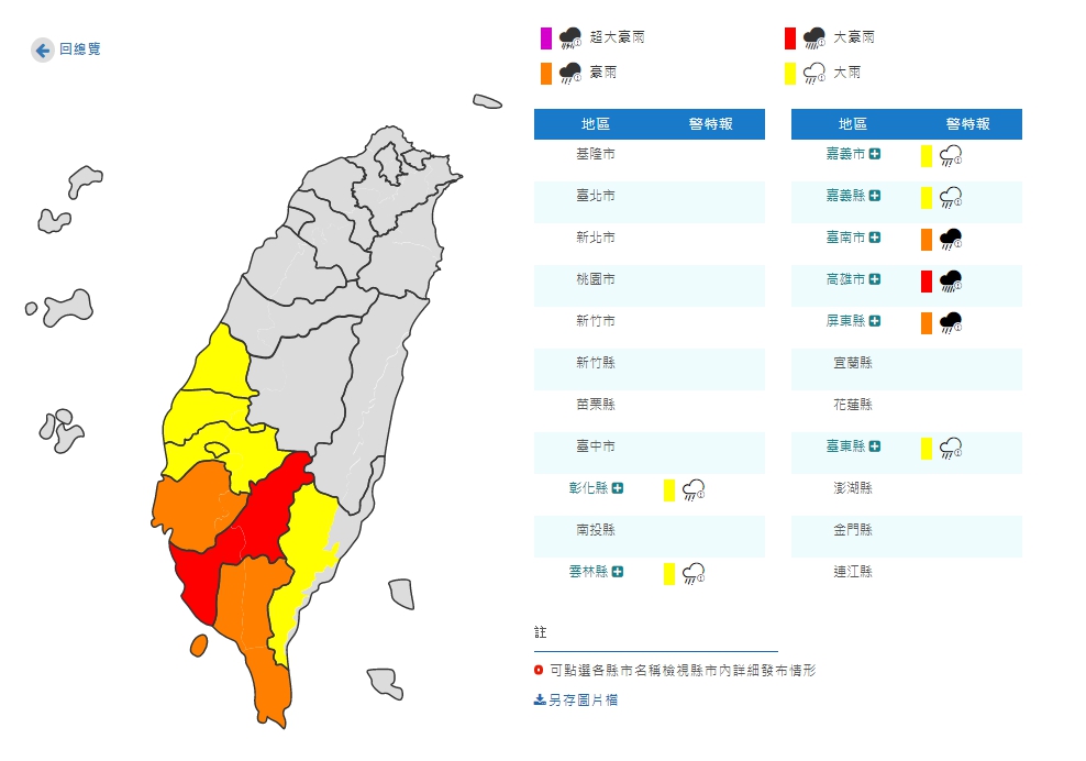 26日造成台南、高雄等地區多處積水災情，屏東縣雨勢也不小。(中央氣象局官網)