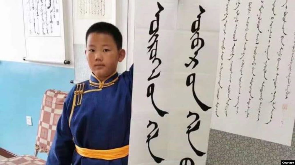 內蒙古一名小學生手持「外語是工具，母語是靈魂」的標語，抗議當地教育部門將以漢語替代蒙語的雙語教學計劃。（VOA/SMHRIC提供）