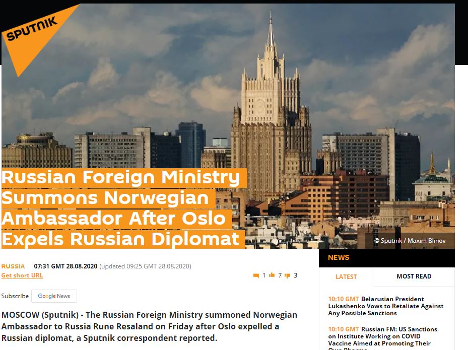 俄羅斯要驅逐挪威駐莫斯科(Moscow)大使館的1名外交官員。(圖擷取自sputniknews)