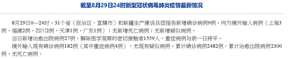中國29日新增9例境外移入武漢肺炎患者(圖取自中國衛健委官網)