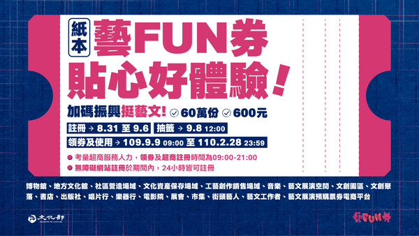 「紙本藝FUN券」登記截止，9/8公開抽籤。（圖／文化部提供）